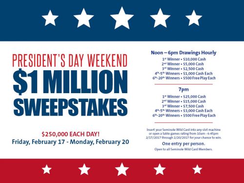 Seminole Hard Rock Tampa Hosting President’s Day Weekend $1 Million Sweepstakes