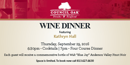 Kathryn Hall Four-Course Wine Dinner Scheduled for Council Oak Lounge