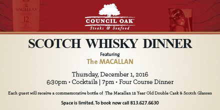 Council Oak Lounge to Host Scotch Whisky Pairing Dinner Featuring The Macallan