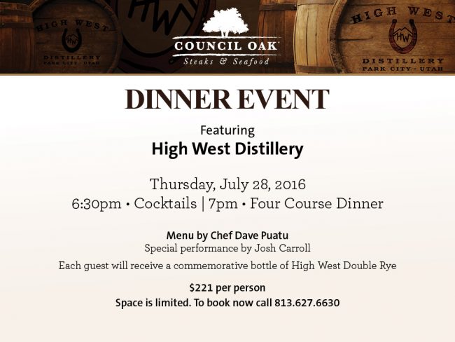 High West Distillery Pairing Dinner Set for Council Oak Lounge