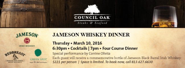 Council Oak Lounge to Host  Jameson Whiskey Pairing Dinner