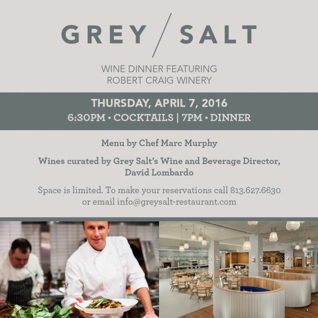 Grey Salt to Host Second Wine Dinner Featuring Robert Craig Winery Thursday, April 7